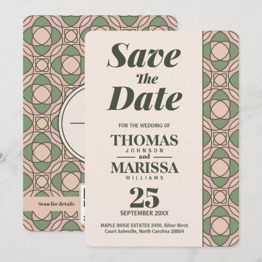 Sage Green Art Deco Wedding Save the Date Card (正面/裏面)
