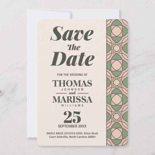 Sage Green Art Deco Wedding Save the Date Card (正面)