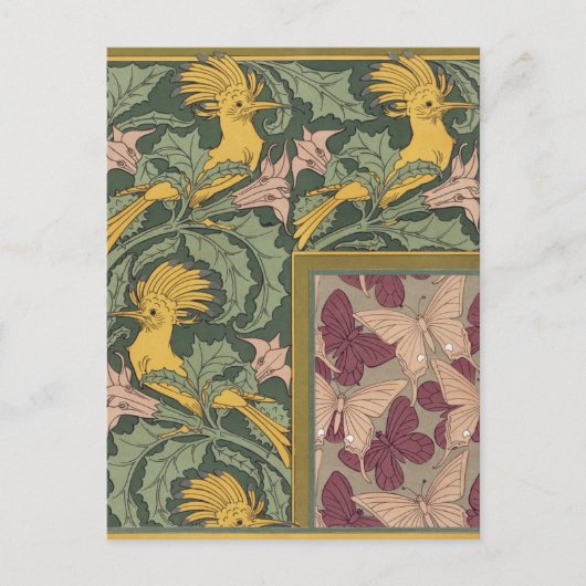 Sage Green Art Nouveau Hoopoe Butterfly Art ポストカード (正面)
