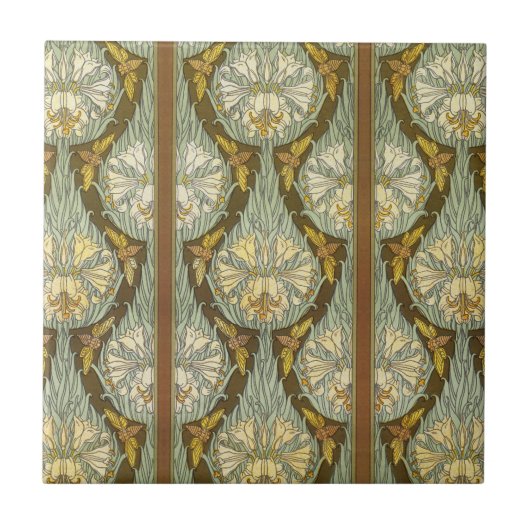 Sage Green Art Nouveau Lily Insect Pattern タイル (正面)