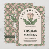 Sage Green Art Nouveau QR Code Save the Date (正面/裏面)