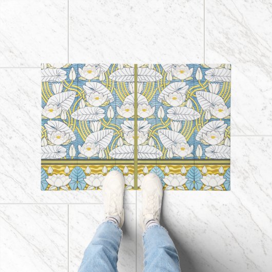 Sage Green Art Nouveau Water Lily Pattern ドアマット (室内)
