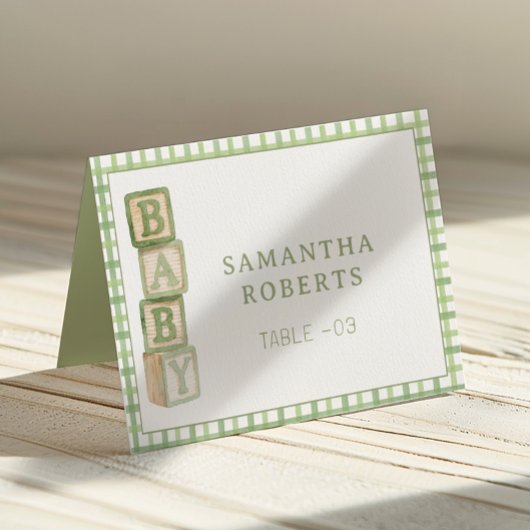 Sage Green Baby Blocks Editable Tent Cards テーブルナンバー