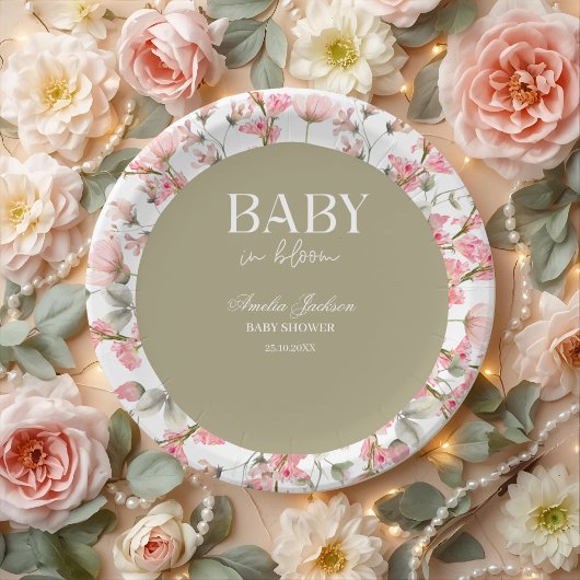 Sage Green Baby Bloom Baby Shower Invitation ペーパープレート