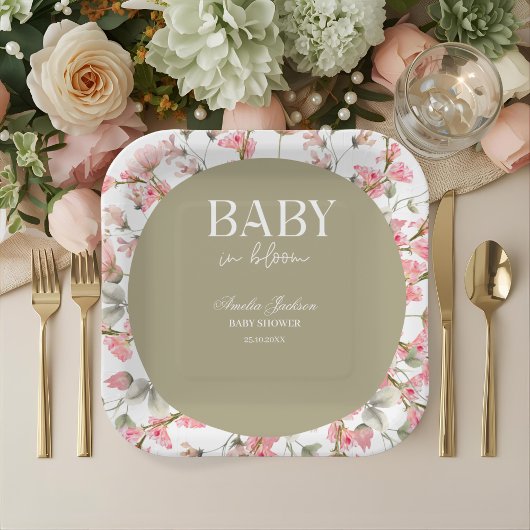 Sage Green Baby Bloom Baby Shower Invitation ペーパープレート