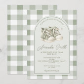 Sage Green Baby Shoes Gingham Boy Baby Shower 招待状 (正面/裏面)
