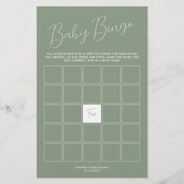 Sage Green Baby Shower Bingo Game (正面)