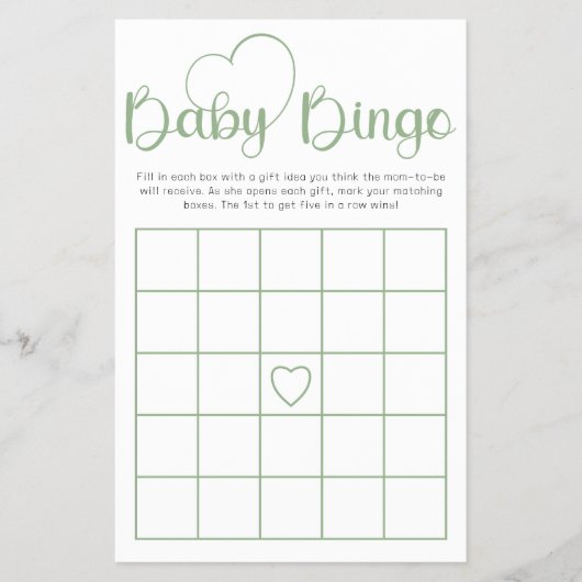 Sage Green Baby Shower Bingo Game Card チラシ (正面)