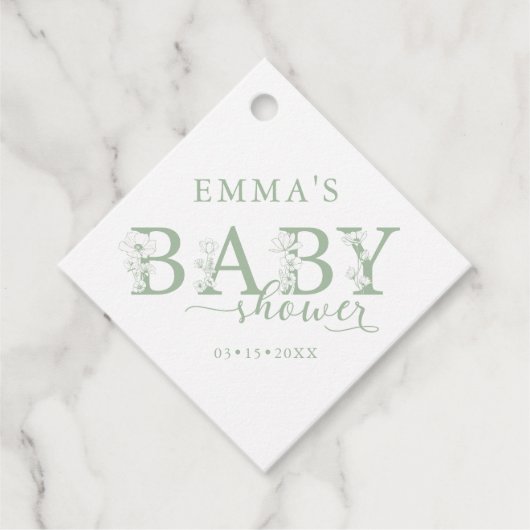 Sage Green Baby Shower | Elegant Wildflower フェイバータグ (正面)