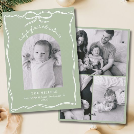 Sage Green Baby's 1st Christmas Bow Family Photo シーズンカード