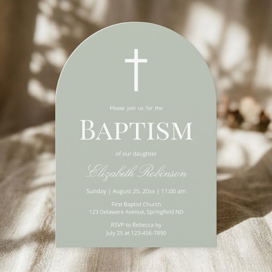 Sage Green Baptism Arch Minimalist Christening 招待状