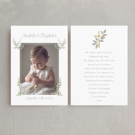 Sage Green Baptism Photo Lord's Prayer Card 名刺