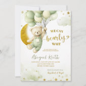 Sage Green Bear and balloon Boy Baby Shower 招待状 (正面)