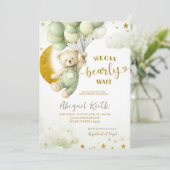 Sage Green Bear and balloon Boy Baby Shower 招待状 (スタンド正面)