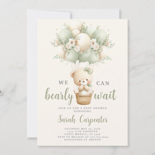 Sage Green Bear Baby Shower Boy Invitation 招待状 (正面)