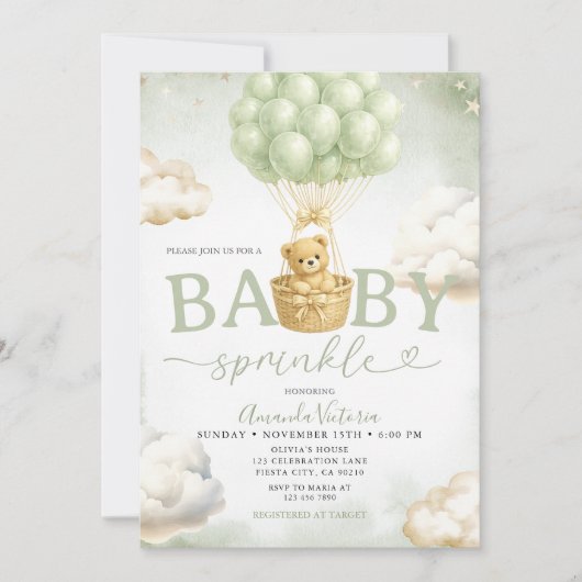Sage Green Bear Cloud Balloon Baby Shower 招待状 (正面)