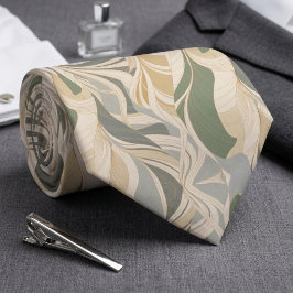 Sage Green Beige Abstract Foliage Pattern ネクタイ