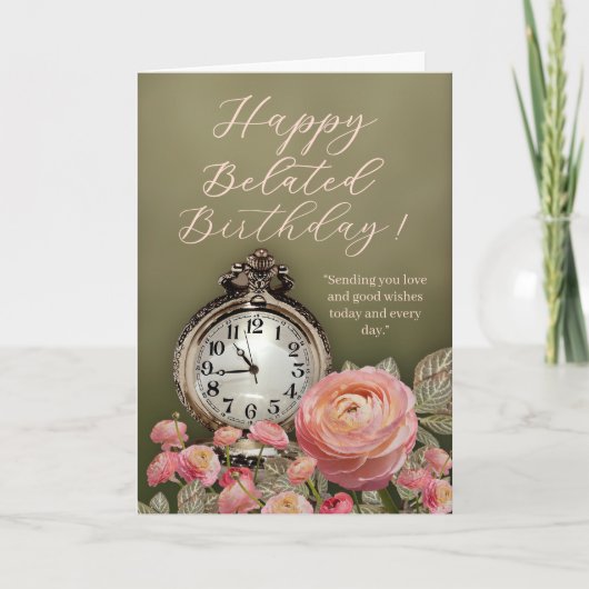 Sage Green Beige Floral Belated Birthday Card カード (正面)