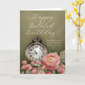 Sage Green Beige Floral Belated Birthday Card カード (黄色い花)