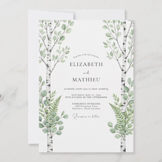 Sage Green Birch Forest Wedding 招待状 (正面)