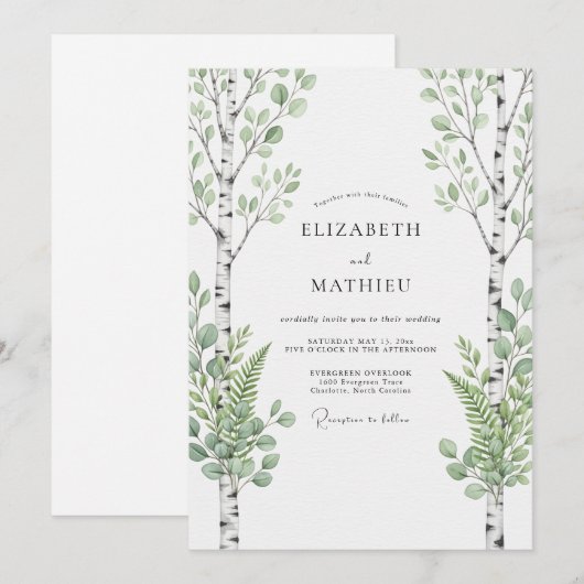 Sage Green Birch Forest Wedding 招待状 (正面/裏面)