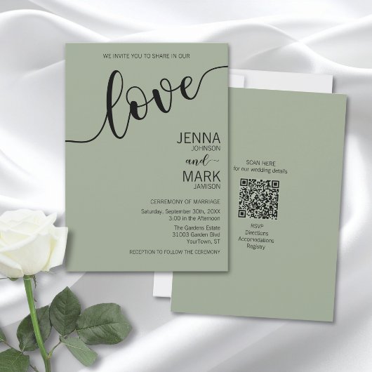 Sage Green Black Love Script Minimalist Wedding 招待状