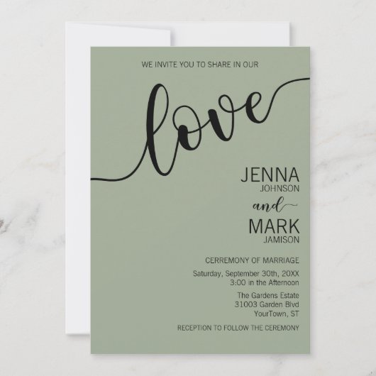 Sage Green Black Love Script Minimalist Wedding 招待状 (正面)