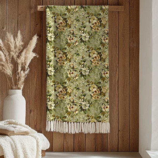Sage Green Blanket Luxury Gold Botanical Design フリースブランケット
