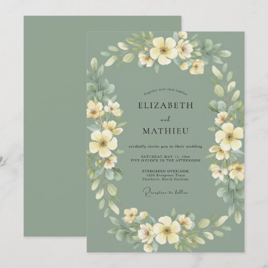 Sage Green Bloom Wreath Wedding 招待状 (正面/裏面)