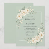 Sage Green Blooming Romance Wedding 招待状 (正面/裏面)