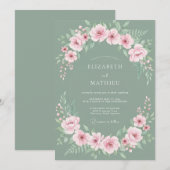 Sage Green Blossoming Garland Wedding 招待状 (正面/裏面)