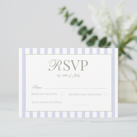 Sage Green & Blue Striped Elegant Classic Wedding  出欠カード (スタンド正面)