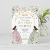 Sage Green Blush Floral Brown Twins Quinceañera  招待状 (スタンド正面)
