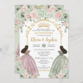 Sage Green Blush Floral Brown Twins Quinceañera  招待状 (正面/裏面)