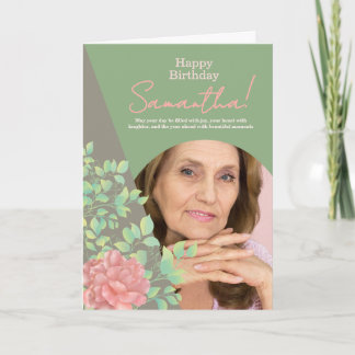Sage Green Blush Floral Photo Birthday Greeting カード