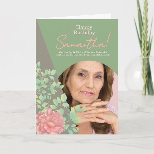 Sage Green Blush Floral Photo Birthday Greeting カード (正面)