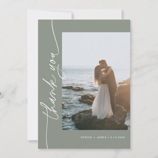 SAGE Green Bohemian写真結婚のサンキューカード 招待状 (正面)