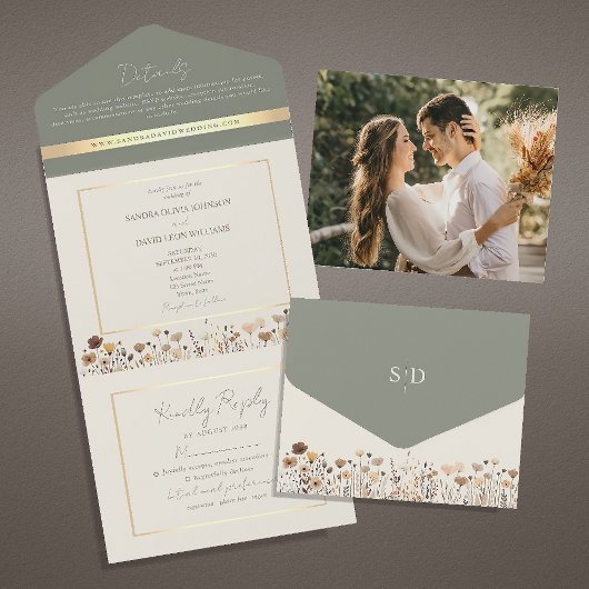 sage green boho ワイルドフラワー ウェディング オールインワン招待状