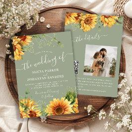 Sage green boho floral sunflower wedding 招待状