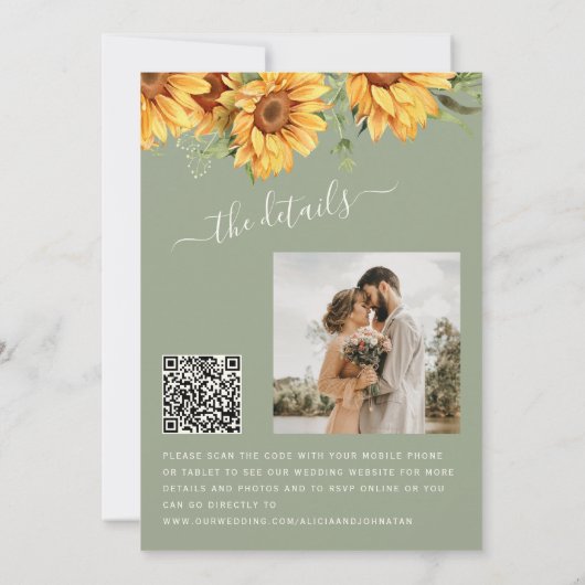 Sage green boho floral sunflower wedding 招待状 (裏面)