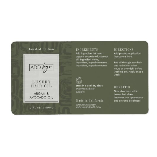 Sage Green Boho Pattern Logo 2OZ Dropper Bottle ラベル (正面)