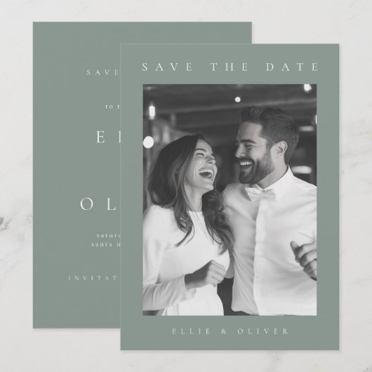 Sage Green Boho Photo Save the Date 招待状 (正面/裏面)