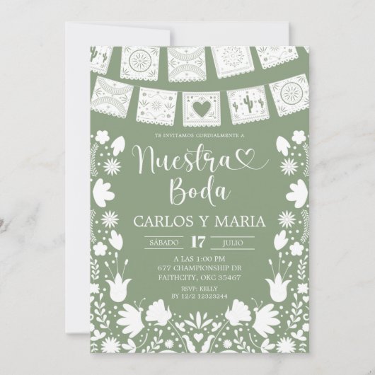 Sage Green Boho Talavera Mexican Nuestra Boda 招待状 (正面)
