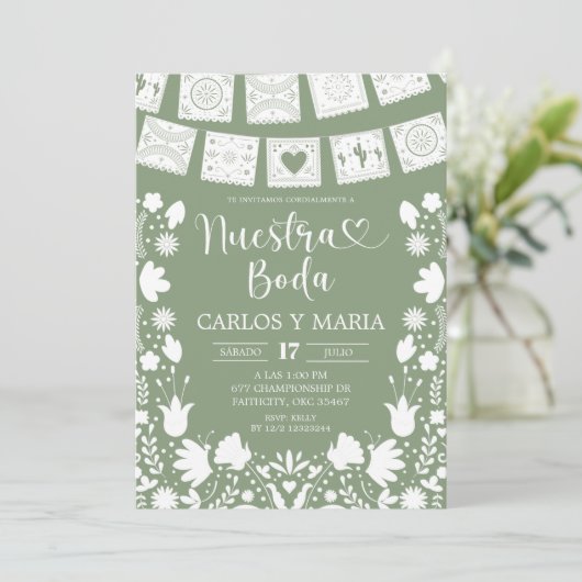 Sage Green Boho Talavera Mexican Nuestra Boda 招待状 (スタンド正面)