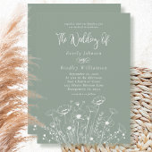 Sage Green Boho White Wildflower QR Code Wedding  招待状