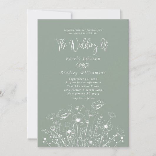 Sage Green Boho White Wildflower QR Code Wedding  招待状 (正面)
