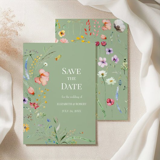 Sage Green Boho Wildflower Save the Date Card 招待状