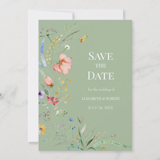 Sage Green Boho Wildflower Save the Date Card 招待状 (正面)
