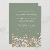 Sage Green Boho Wildflower Wedding 招待状 (正面/裏面)