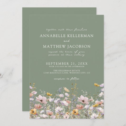 Sage Green Boho Wildflower Wedding 招待状 (正面/裏面)